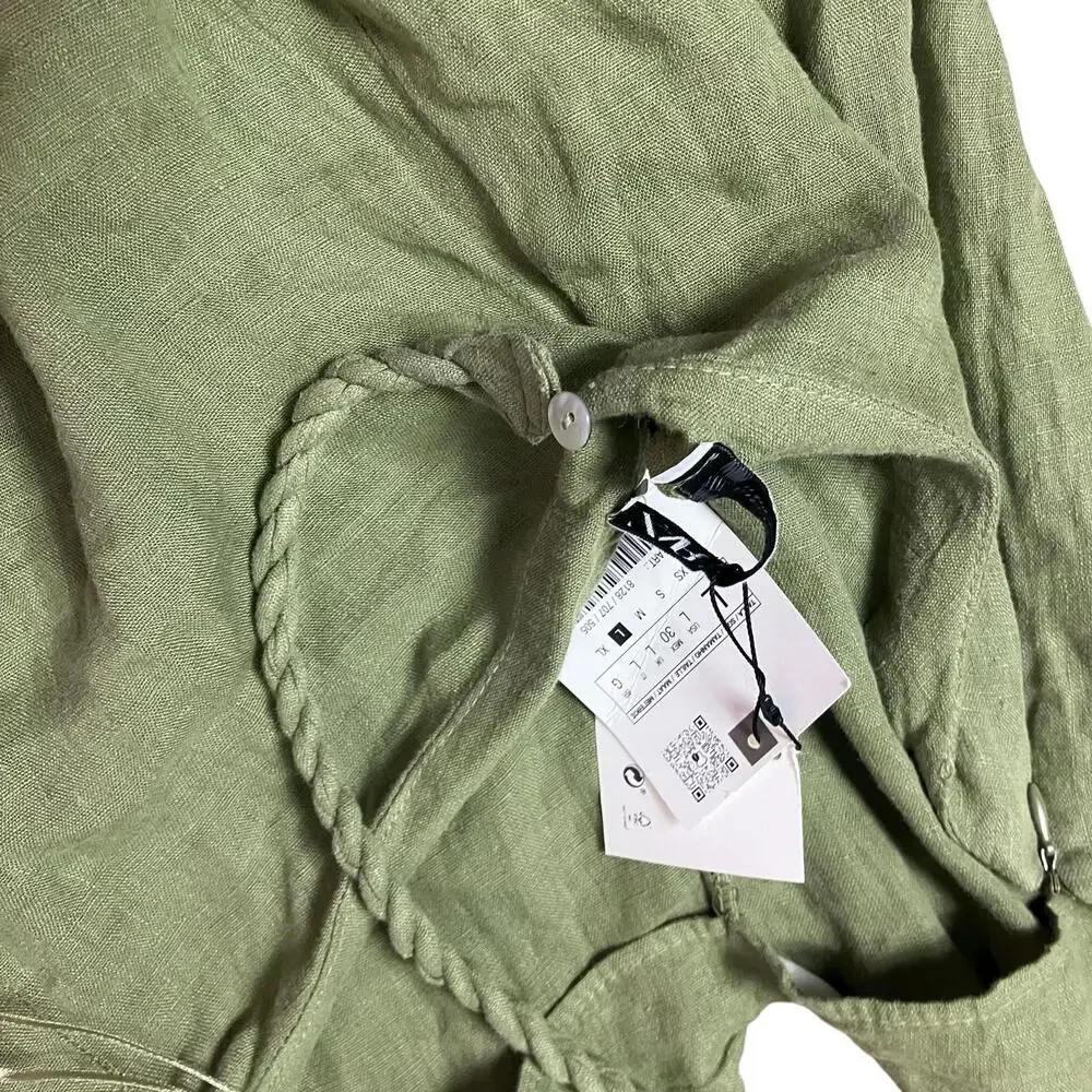 Zara Jumpsuit L Green Linen Palazzo Wide Leg Boho Cropped‎ Lagenlook